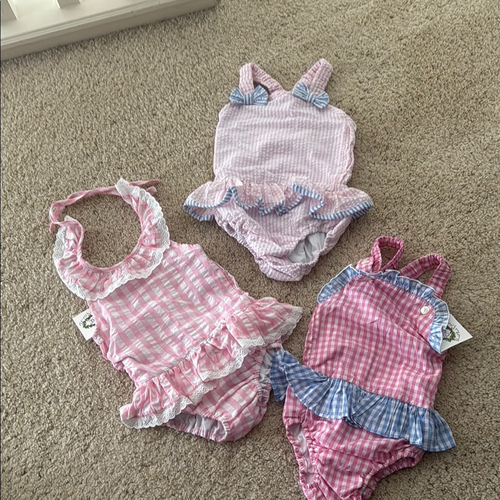 #NWT #bundle #smocked Cecil & Lou 
Pink and Blue Gingham Baby Rompers Set
